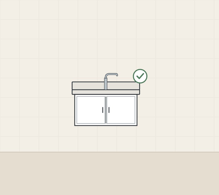 Illustration of a vanity cabinet, top, backsplash and faucet seen from the front, with a tick