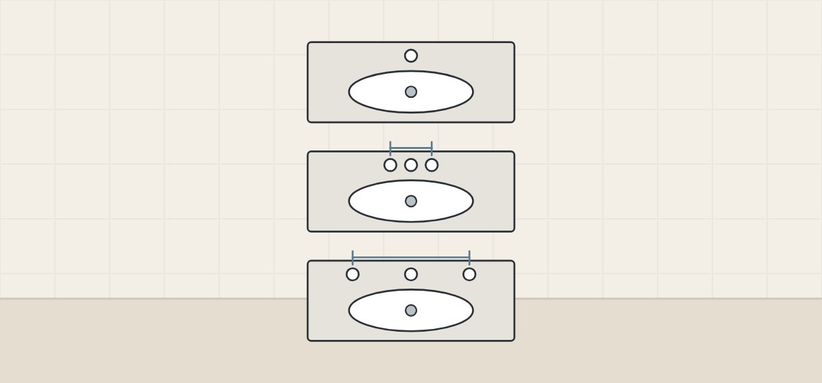 Illustration of three vanity tops seen from above with one faucet hole, three close holes and three holes further apart
