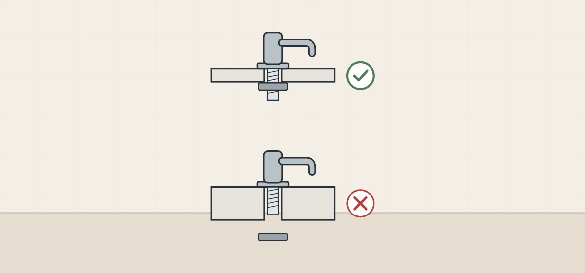Illustration of a faucet tightened under a thin deck beside a thick deck where the shank ends inside the hole