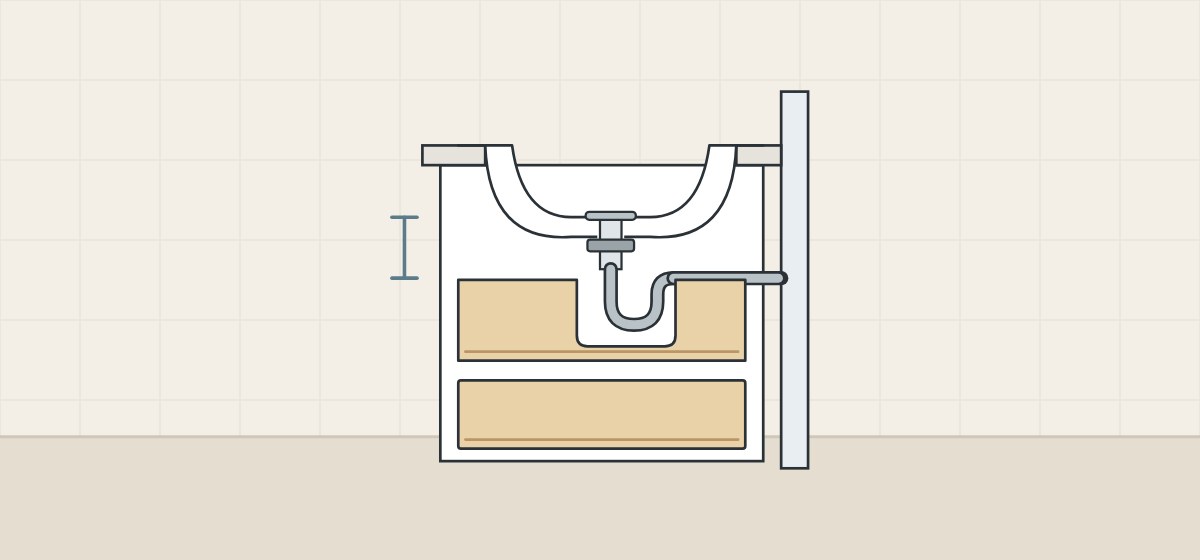 Illustration of a vanity with a bowl, waste and trap running to the wall and a drawer cut out around the trap