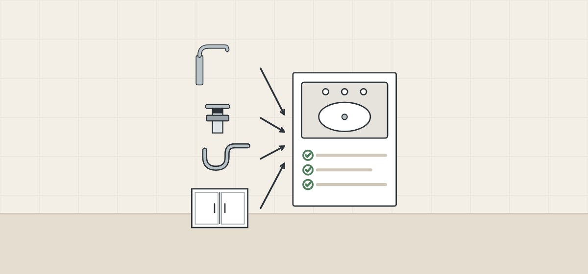 Illustration of a faucet, a drain, a trap and a cabinet, each with an arrow to one top drawing