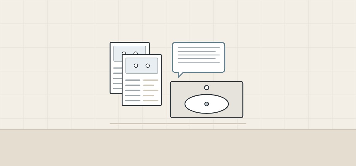Illustration of two specification sheets, a message bubble and a vanity top seen from above
