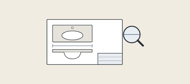 Illustration: a drawing sheet with a plan and a section of a vanity top, a title block and a magnifier