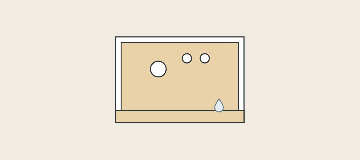 Illustration: a vanity carcass seen from the front with pipe cut-outs in its back panel and a water drop on its bottom panel