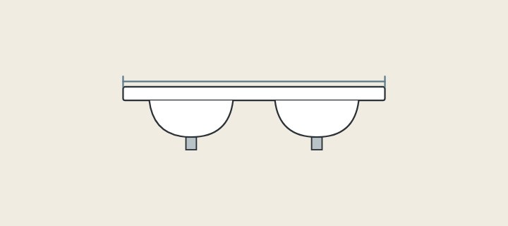 Illustration: a long vanity top in section with two integrated bowls and a length mark