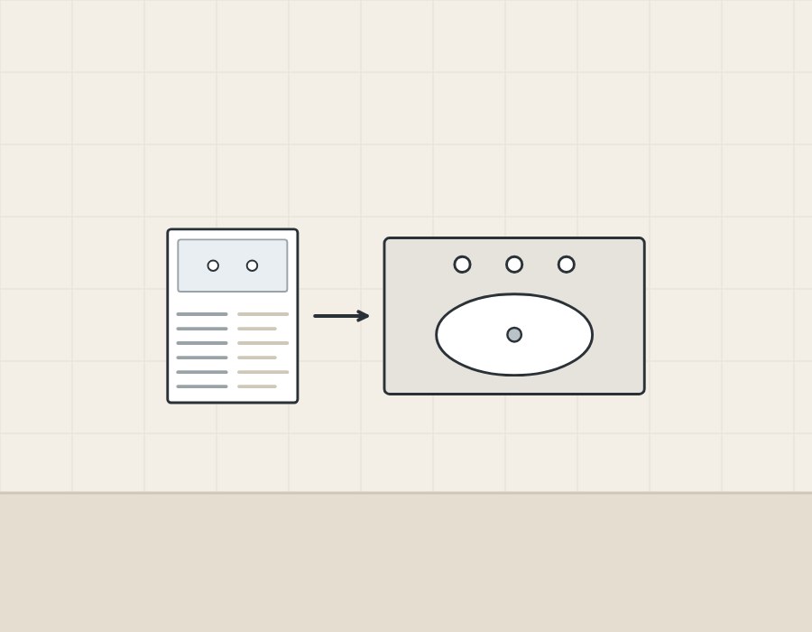 Illustration of a specification sheet with an arrow to a vanity top seen from above with three faucet holes and a bowl