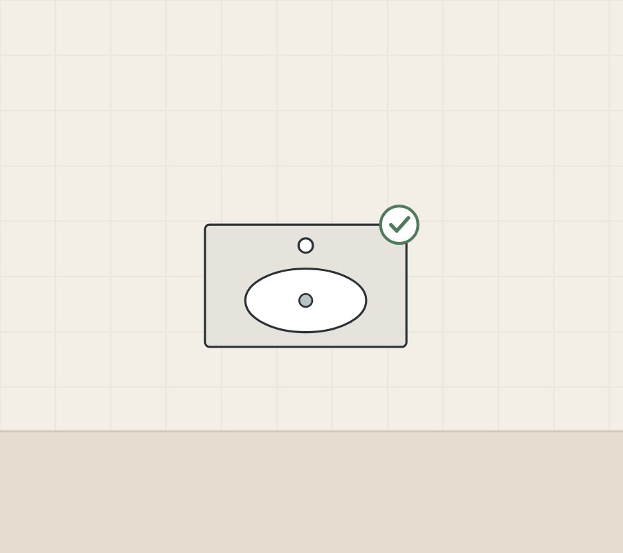 Illustration of a vanity top seen from above with one faucet hole, a bowl and a tick
