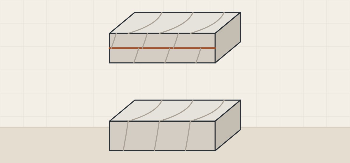 Illustration of a veined color at two edges: a stacked edge where the veins do not line up with the top, above a folded edge where the veins continue down the front