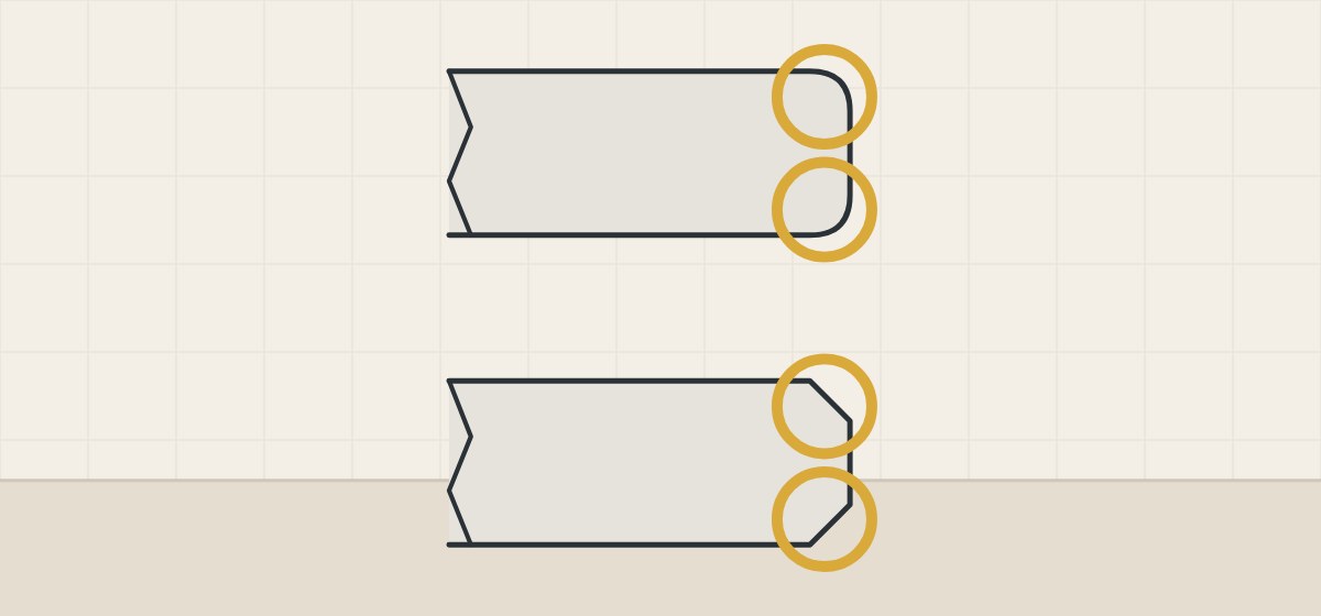 Illustration of two front-edge sections, one with a small radius and one with a small bevel on the top and bottom corners