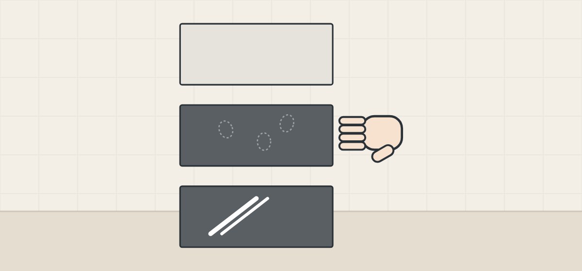 Illustration of three surface samples: light matte, dark matte with finger marks beside a hand, and dark gloss with highlights