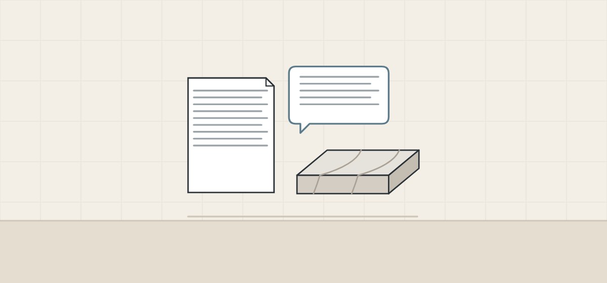 Illustration of a document, a message bubble and a corner sample of a vanity top