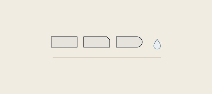Illustration: three vanity-top edge profiles in section, square, bevelled and rounded, beside a water drop