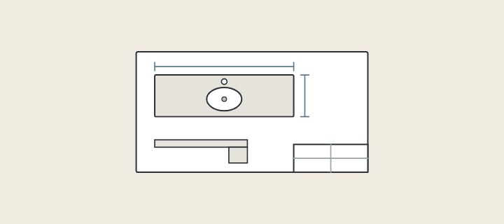 Illustration: a drawing sheet with a plan of a vanity top, dimension lines, an edge section and a title block
