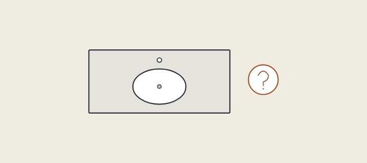 Illustration: a vanity top seen from above with a basin opening and a faucet hole, beside a question mark
