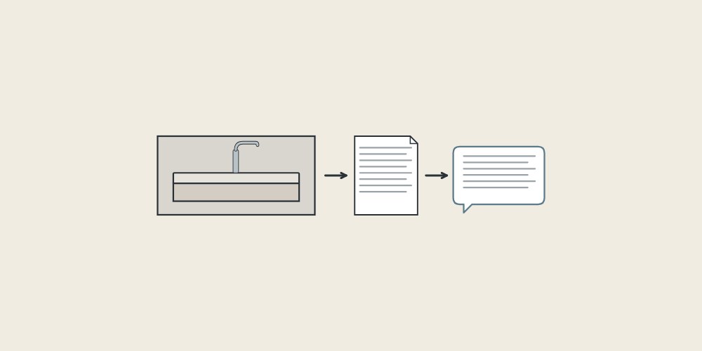 Illustration of a wall-hung vanity top seen from the front, a document and a message bubble linked by arrows