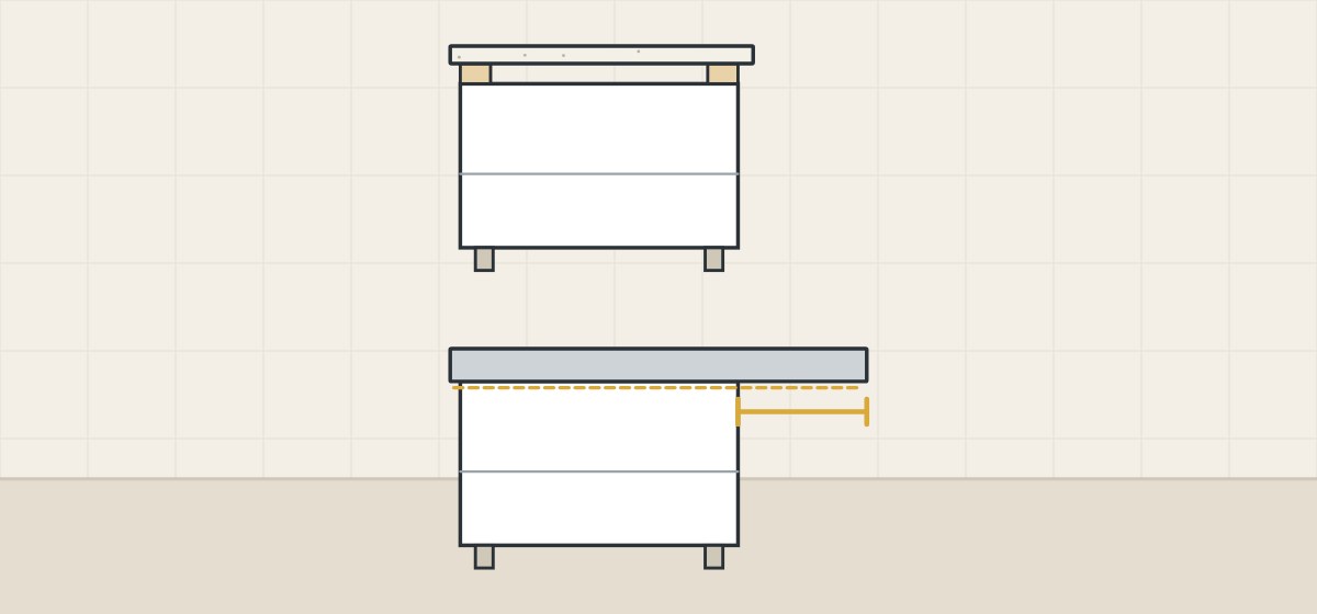 Illustration of a thin top on a front-and-back frame above a slab resting fully on a cabinet with a marked overhang