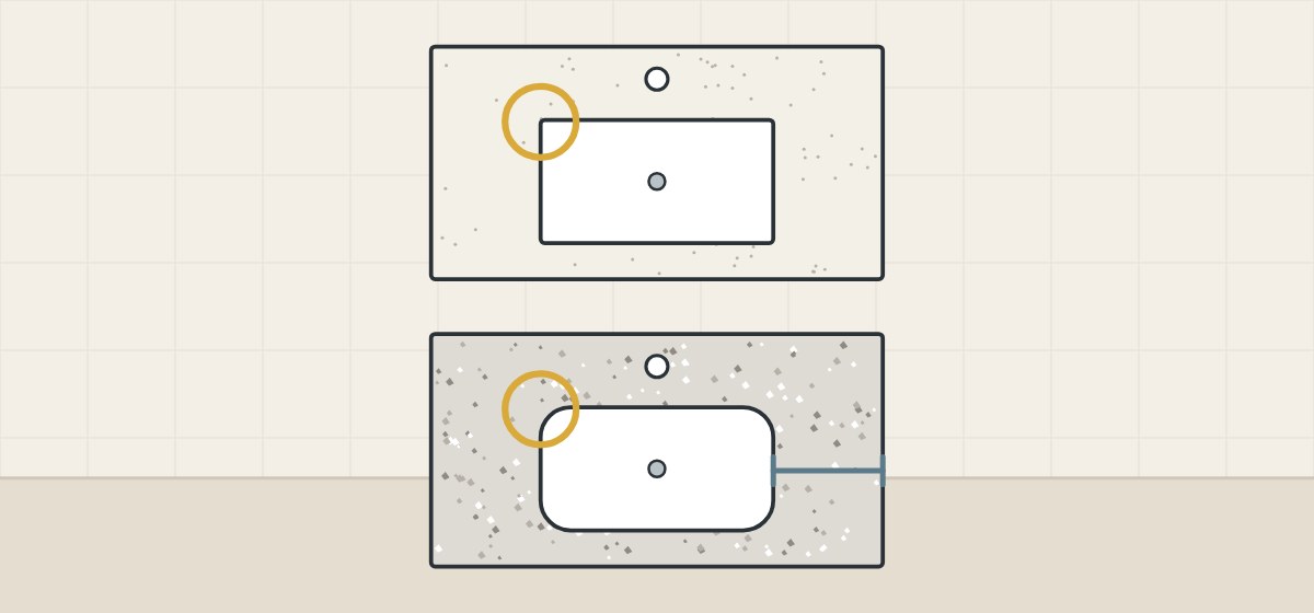 Illustration of two top plans with a basin cut-out, one with nearly square corners and one with rounded corners