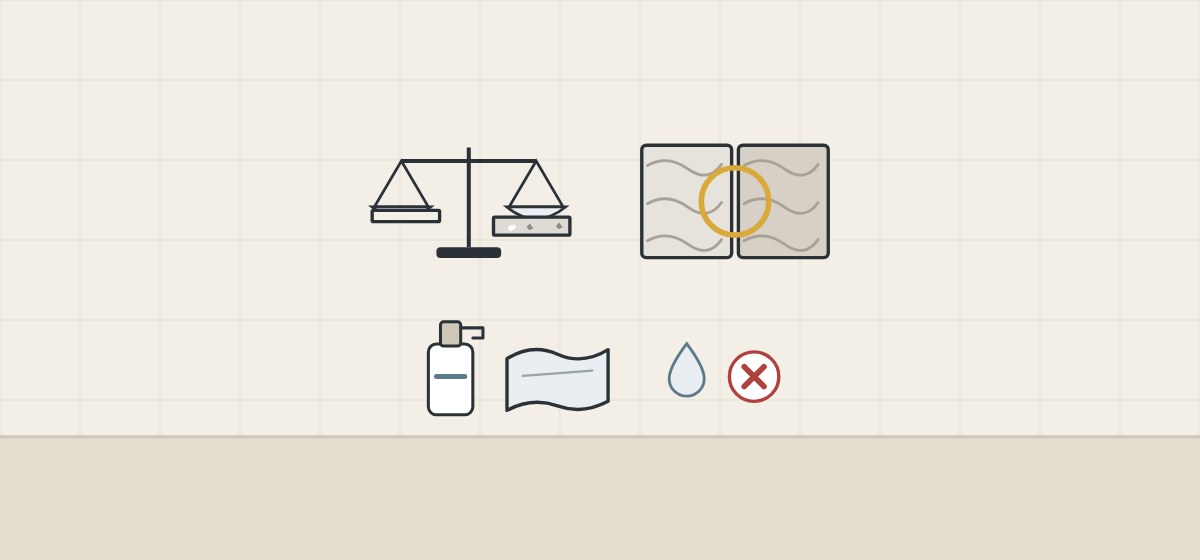Illustration of a balance with two slabs, two samples of different shade and cleaning items