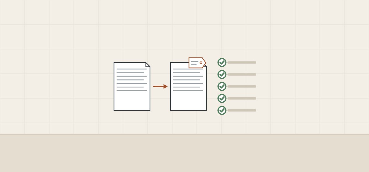 Illustration of an approved drawing, a revised drawing with a tag and a ticked checklist