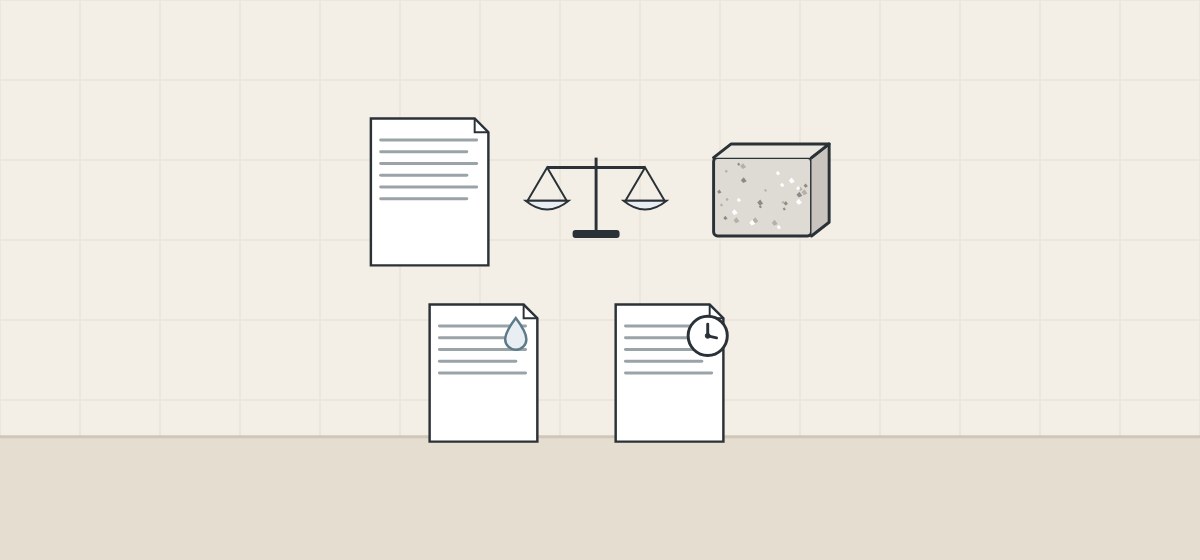 Illustration of a drawing, a balance, a sample block, a care sheet and a schedule sheet