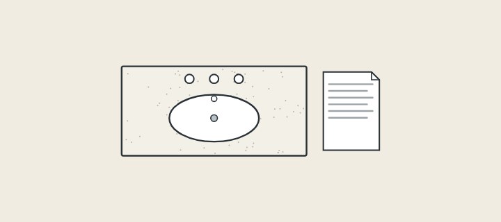 Illustration: a vanity top plan with an oval basin cut-out, three faucet holes and an overflow, beside a data sheet