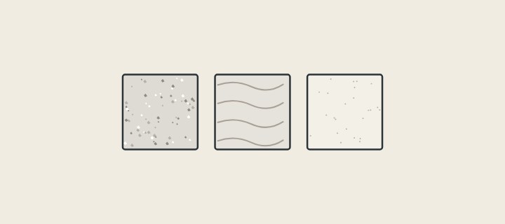 Illustration: three sample tiles: speckled quartz, veined stone and plain solid surface
