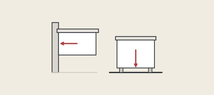 Illustration: a wall-hung vanity with a load arrow into the wall beside a floor-standing vanity with a load arrow to the floor