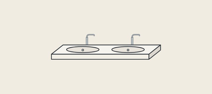 Illustration: a long vanity top with two bowls formed in it and two faucets