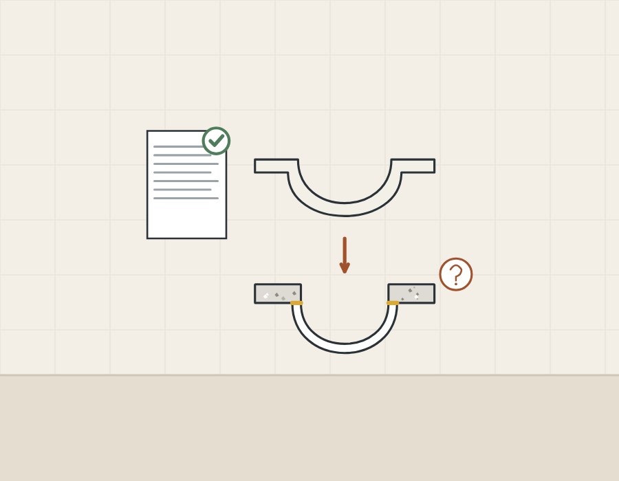 Illustration of an approved drawing and a top with a seamed-in bowl above a thicker top with a bowl fixed underneath
