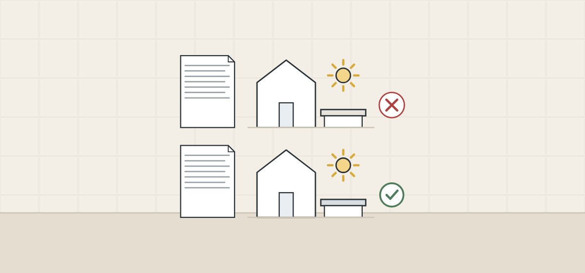 Illustration of two warranty documents, each beside a house with a vanity top outside its wall under a sun, one marked with a cross and one with a tick
