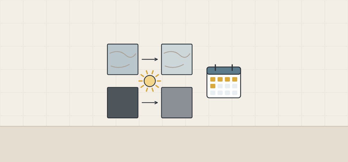Illustration of a light sample and a dark sample before and after sun exposure, beside a calendar