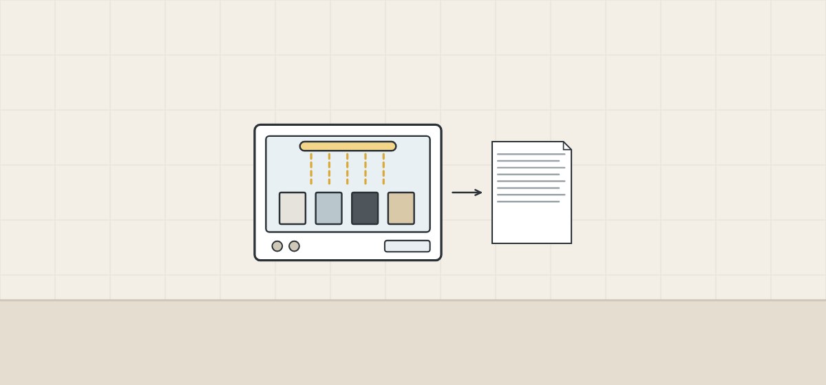 Illustration of a test chamber with a lamp over four sample pieces and an arrow to a report document