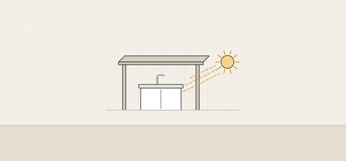 Illustration of a vanity under a roof on posts with low sunlight reaching the top from the side