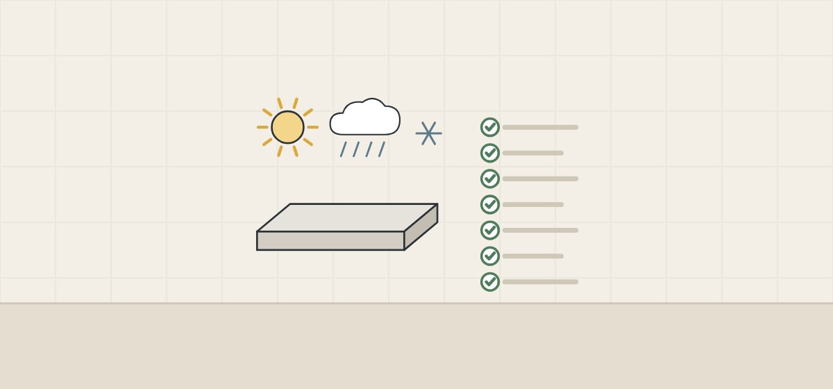Illustration of a sun, a rain cloud and a snowflake above a slab, beside a ticked checklist of seven lines