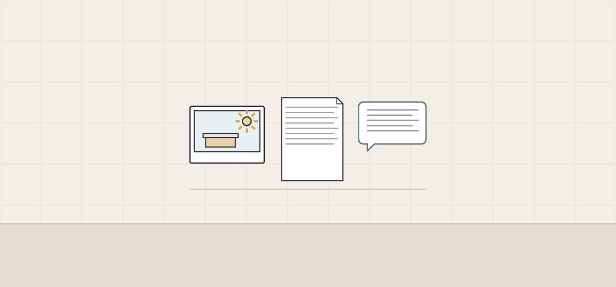 Illustration of a location photograph, a document and a message bubble