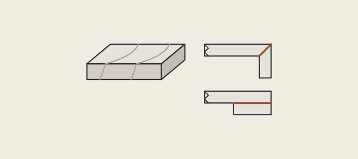Illustration: a corner sample of a vanity top beside two front-edge sections, one folded and one stacked