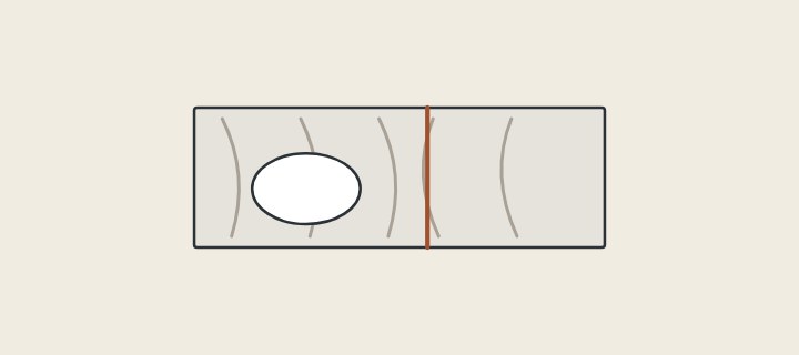 Illustration: a veined vanity top seen from above with a basin opening and a seam where the vein direction changes