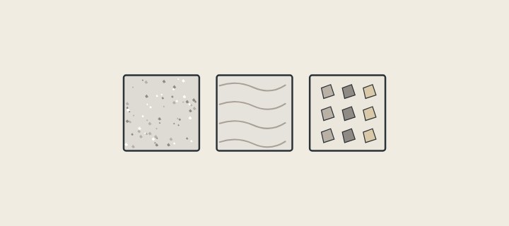 Illustration: three square top samples, one finely speckled, one veined and one with large chips