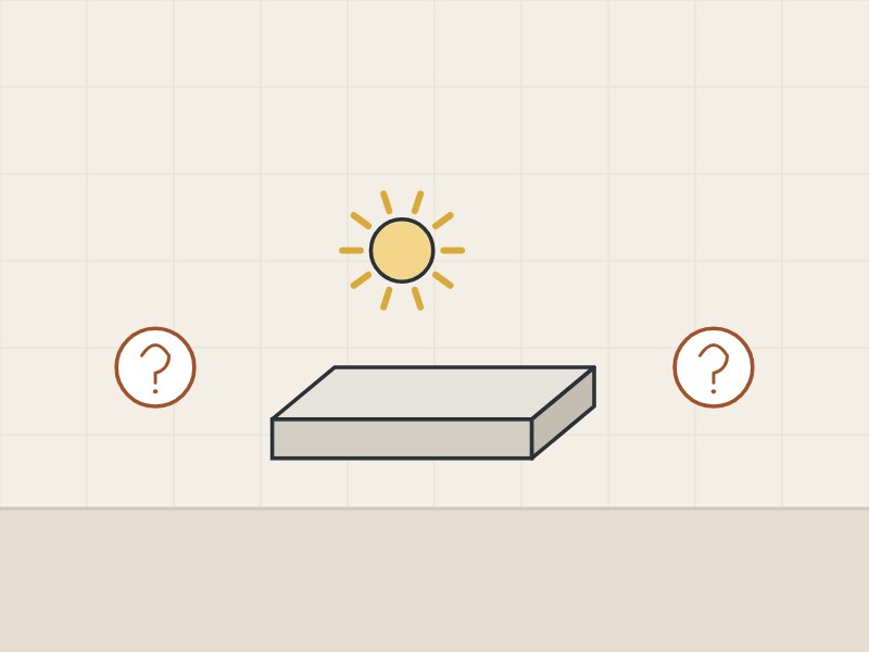 Illustration of a slab under a sun between two question marks