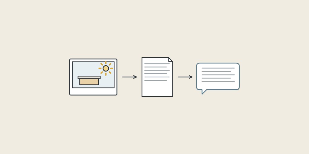 Illustration of a location photograph, a document and a message bubble linked by arrows