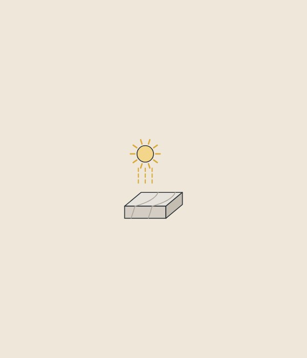 Illustration of a sun with light beams falling on a corner sample of a vanity top