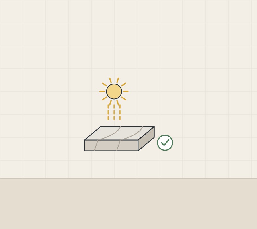 Illustration of a sun above a corner sample of a top, with a tick