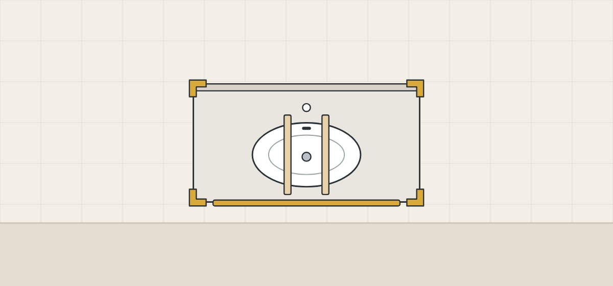 Illustration of a vanity top with four corner protectors, a front edge strip and two bars across the bowl opening