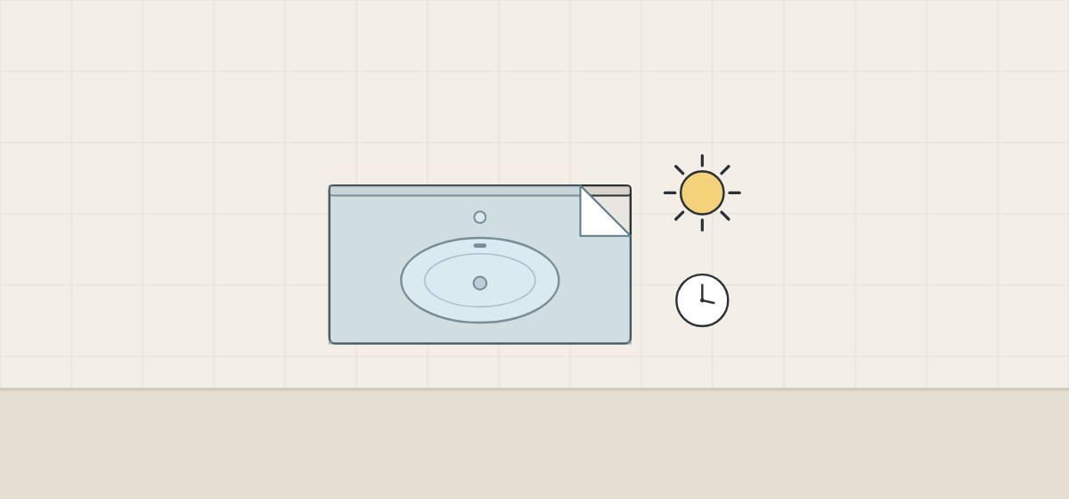 Illustration of a vanity top under a translucent film with a peeled corner, beside a sun and a clock