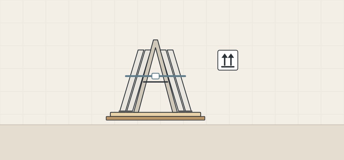 Illustration of an A-frame with two tops on each side held by a strap, beside an upward-arrows handling mark
