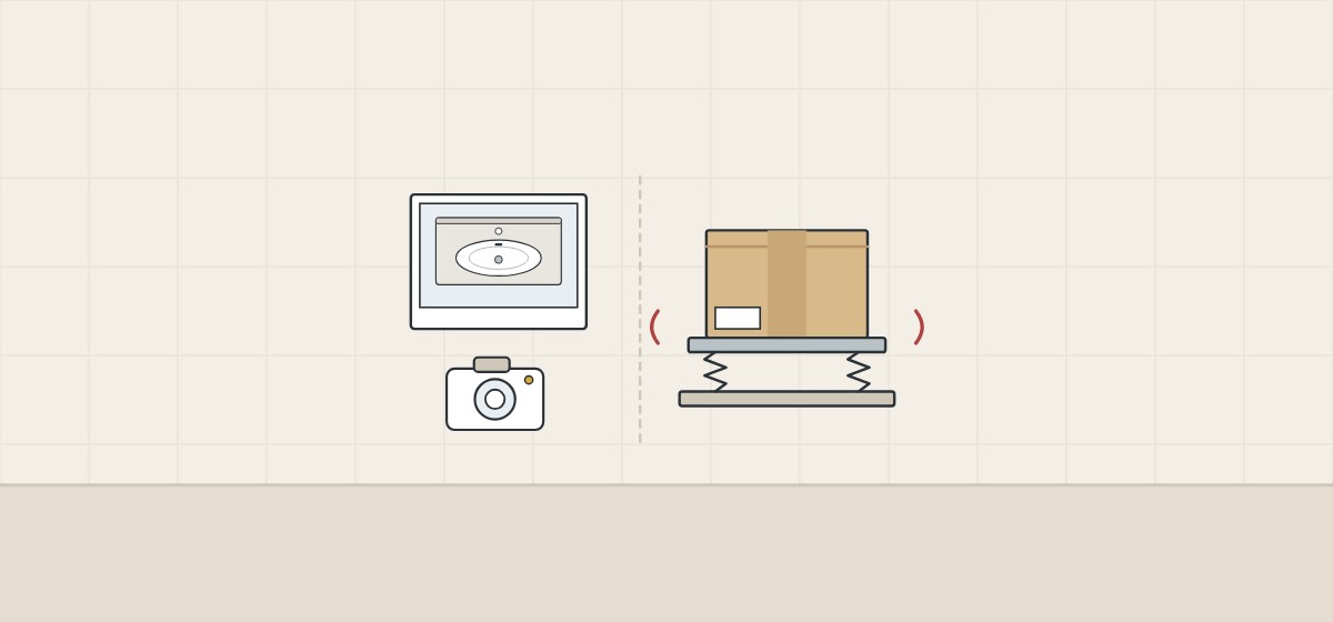 Illustration of a camera and a photograph of a top beside a carton on a vibration table