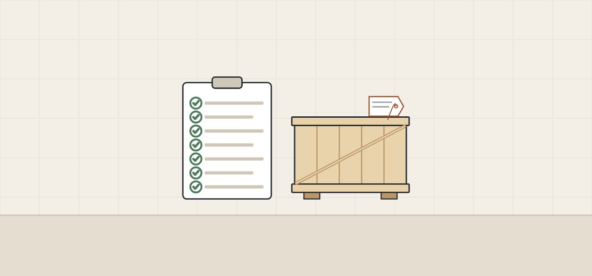 Illustration of a clipboard with ticked lines beside a slatted crate with an identification tag