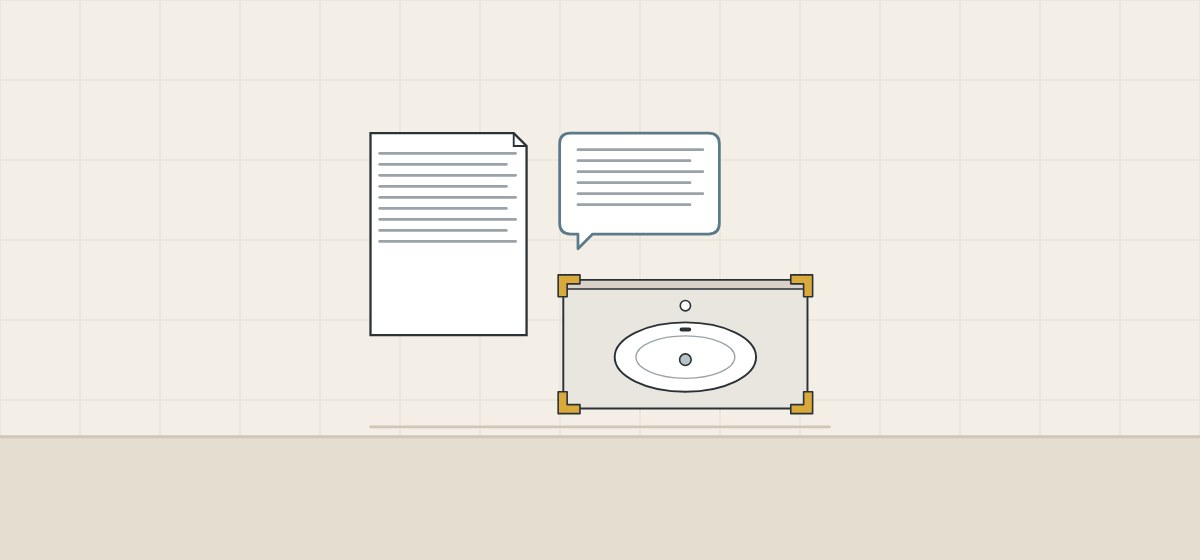 Illustration of a document, a message bubble and a top with corner protectors