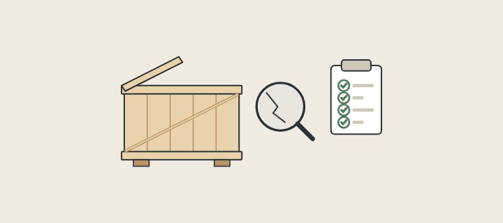 Illustration of an opened crate beside a magnifier over a cracked surface and a clipboard