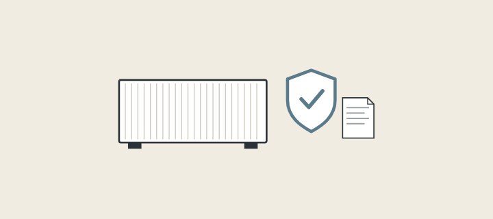Illustration of a shipping container beside a shield with a tick and a document